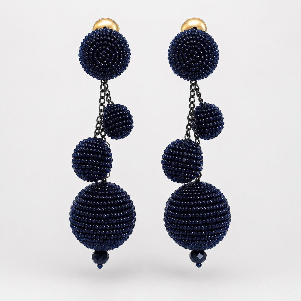 Vintage Oscar de la Renta Blue Beaded Ball Clip On Earrings 3.5" Dangle